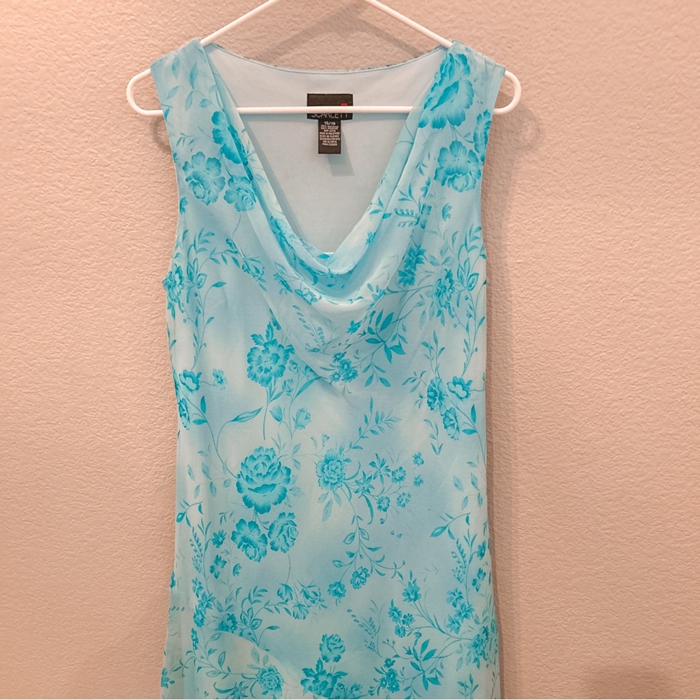 Vtg Y2k Scarlett Blue Floral Midi Dress Fairy Coquette Asymmetrical Hem Sz 15/16